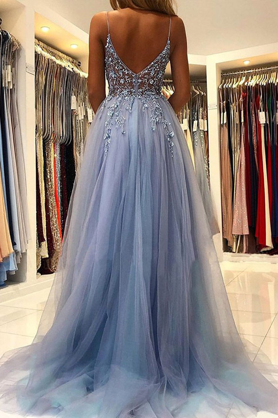 Prom Dresses HELLYMOON | Tulle Beading Princess Prom Dress Blue