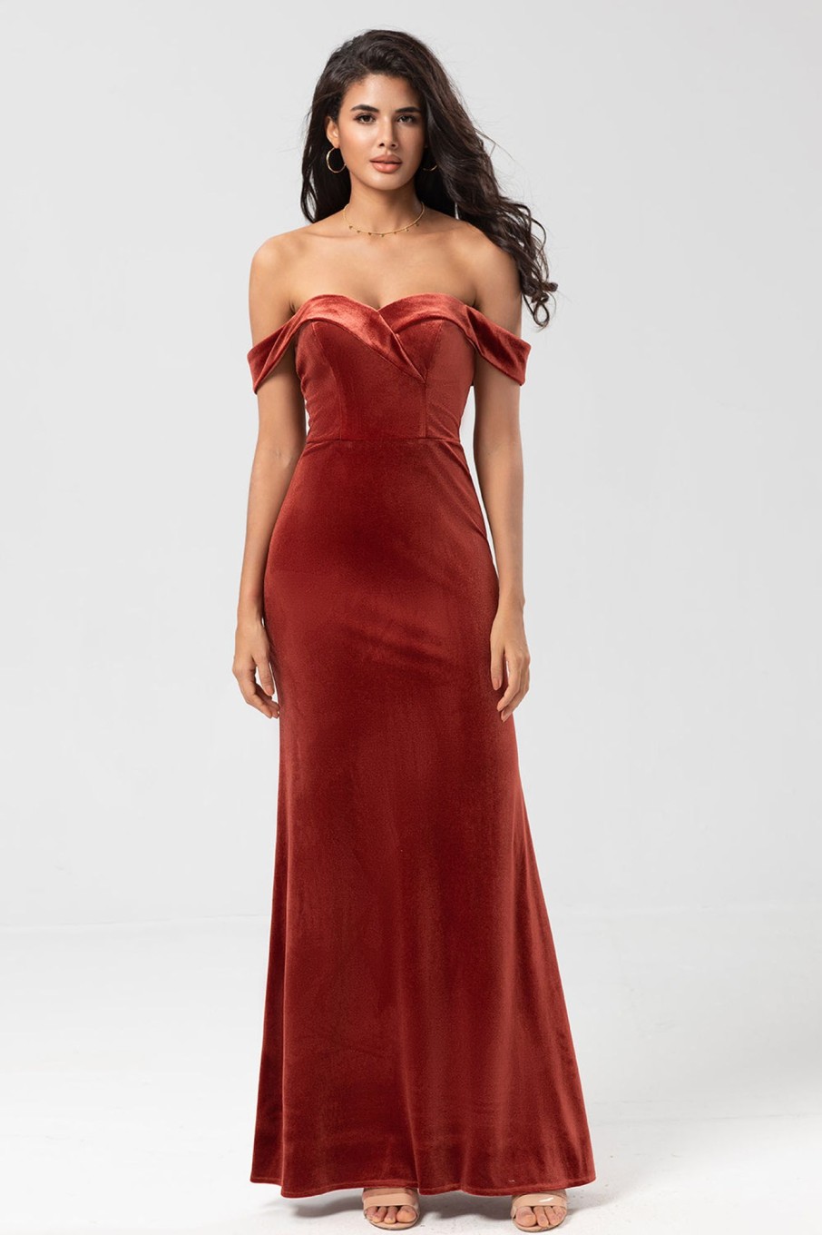 Partywear HELLYMOON | Mermaid Off The Shoulder Velvet Bridesmaid Dress Terracotta