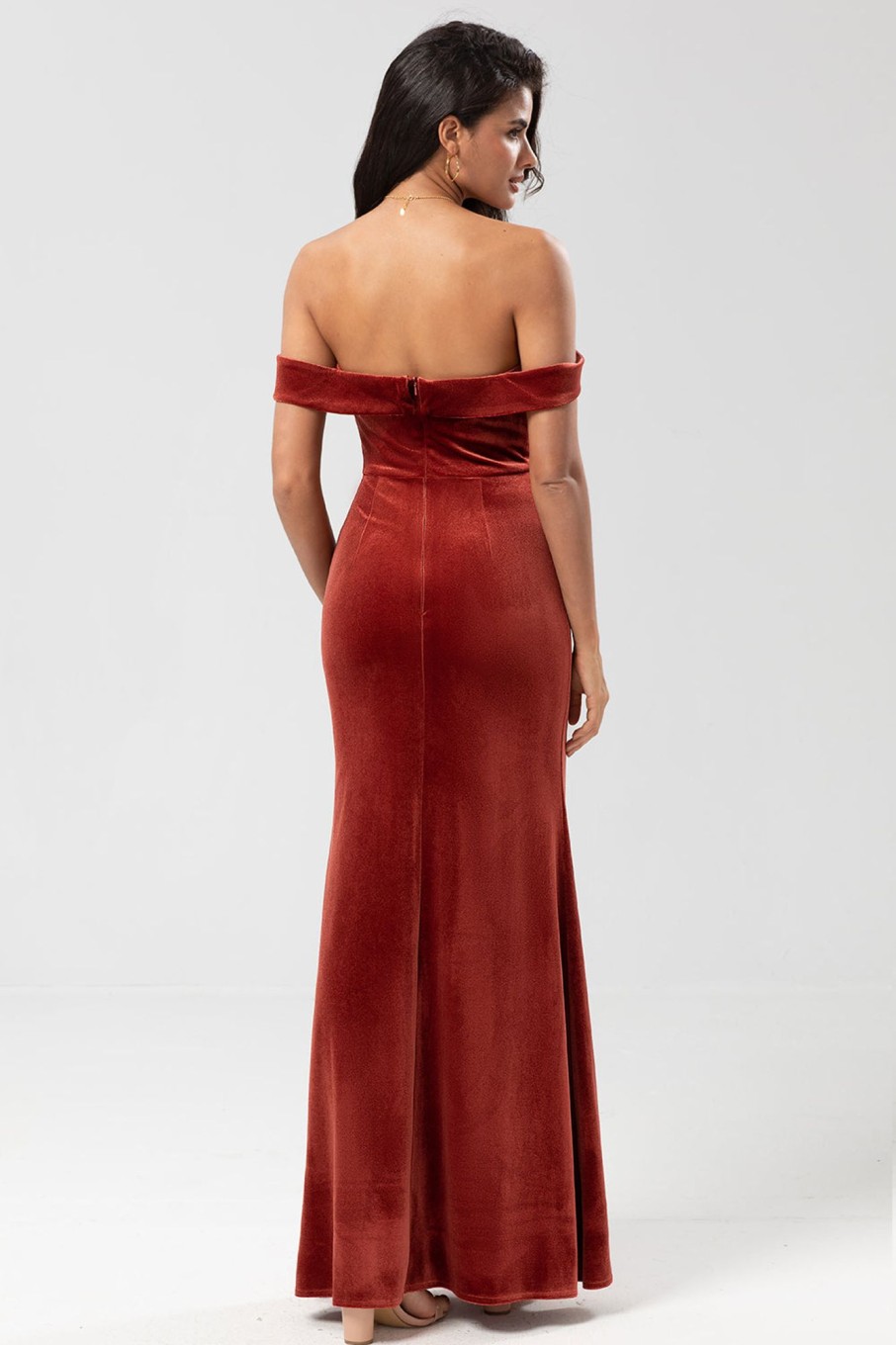 Partywear HELLYMOON | Mermaid Off The Shoulder Velvet Bridesmaid Dress Terracotta