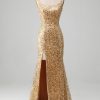 Prom Dresses HELLYMOON | Mermaid Spaghetti Straps Sequined Prom Dress With Slit Golden