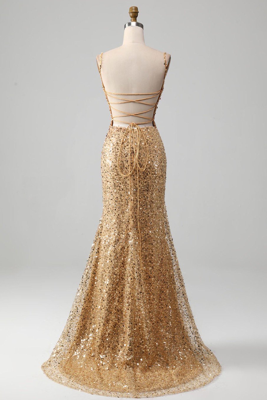 Prom Dresses HELLYMOON | Mermaid Spaghetti Straps Sequined Prom Dress With Slit Golden