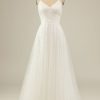 Wedding Dresses HELLYMOON | A Line Spaghetti Straps Tulle Party Dress White