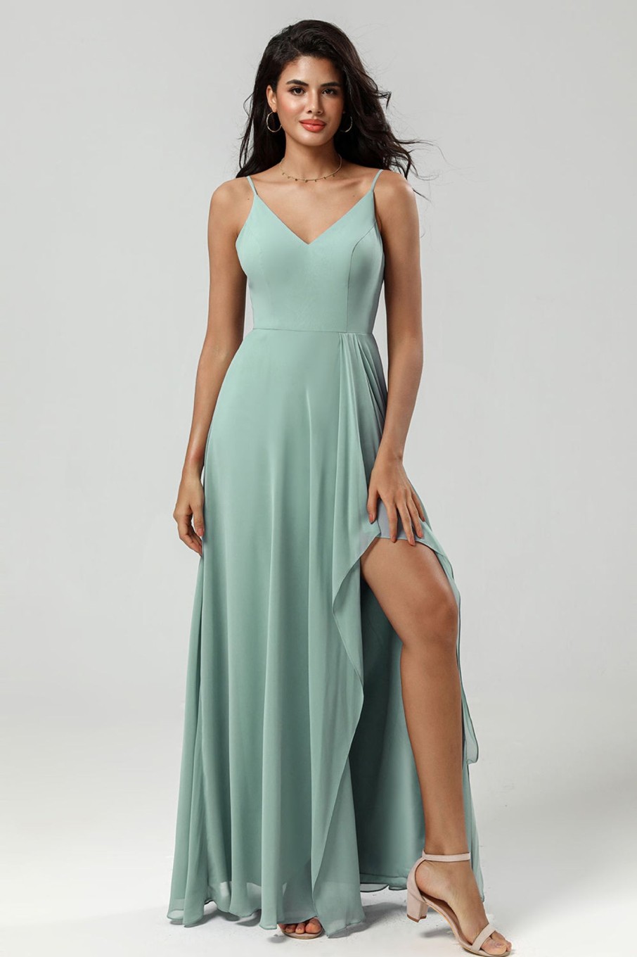 Partywear HELLYMOON | Green Spaghetti Straps Long Bridesmaid Dress With Ruffles