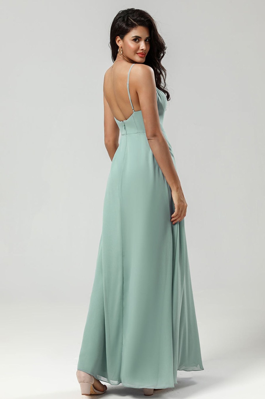 Partywear HELLYMOON | Green Spaghetti Straps Long Bridesmaid Dress With Ruffles