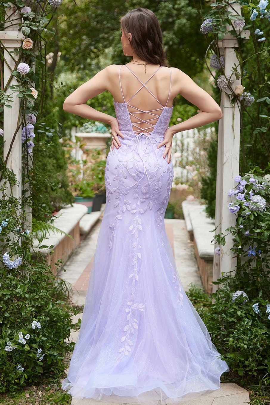 Prom Dresses HELLYMOON | Mermaid Spaghetti Straps Purple Prom Dress With Appliques Lavender