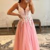 Prom Dresses HELLYMOON | A Line Tulle Prom Dress With Appliques Pink