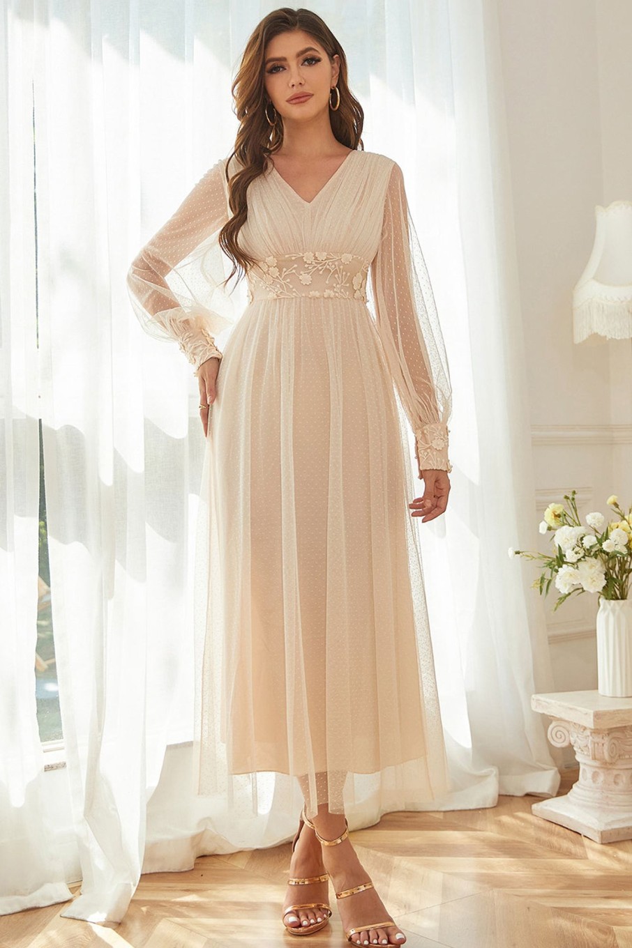 Special Occasion HELLYMOON | Long Sleeves Polka Dots Midi Prom Dress Apricot