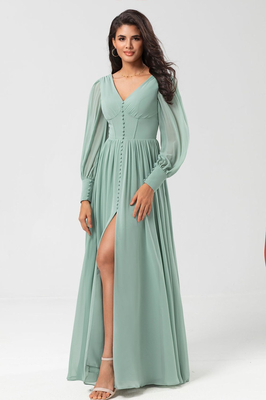 Partywear HELLYMOON | Chiffon A Line Long Sleeves Bridesmaid Dress With Buttons