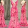 Prom Dresses HELLYMOON | Mermaid V-Neck Corset Long Prom Dress With Sequins Fuchsia