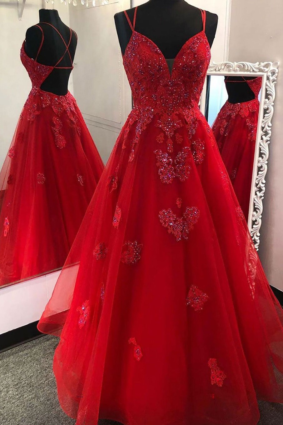 Prom Dresses HELLYMOON | Princess A Line Beading Prom Dress With Appliques Red