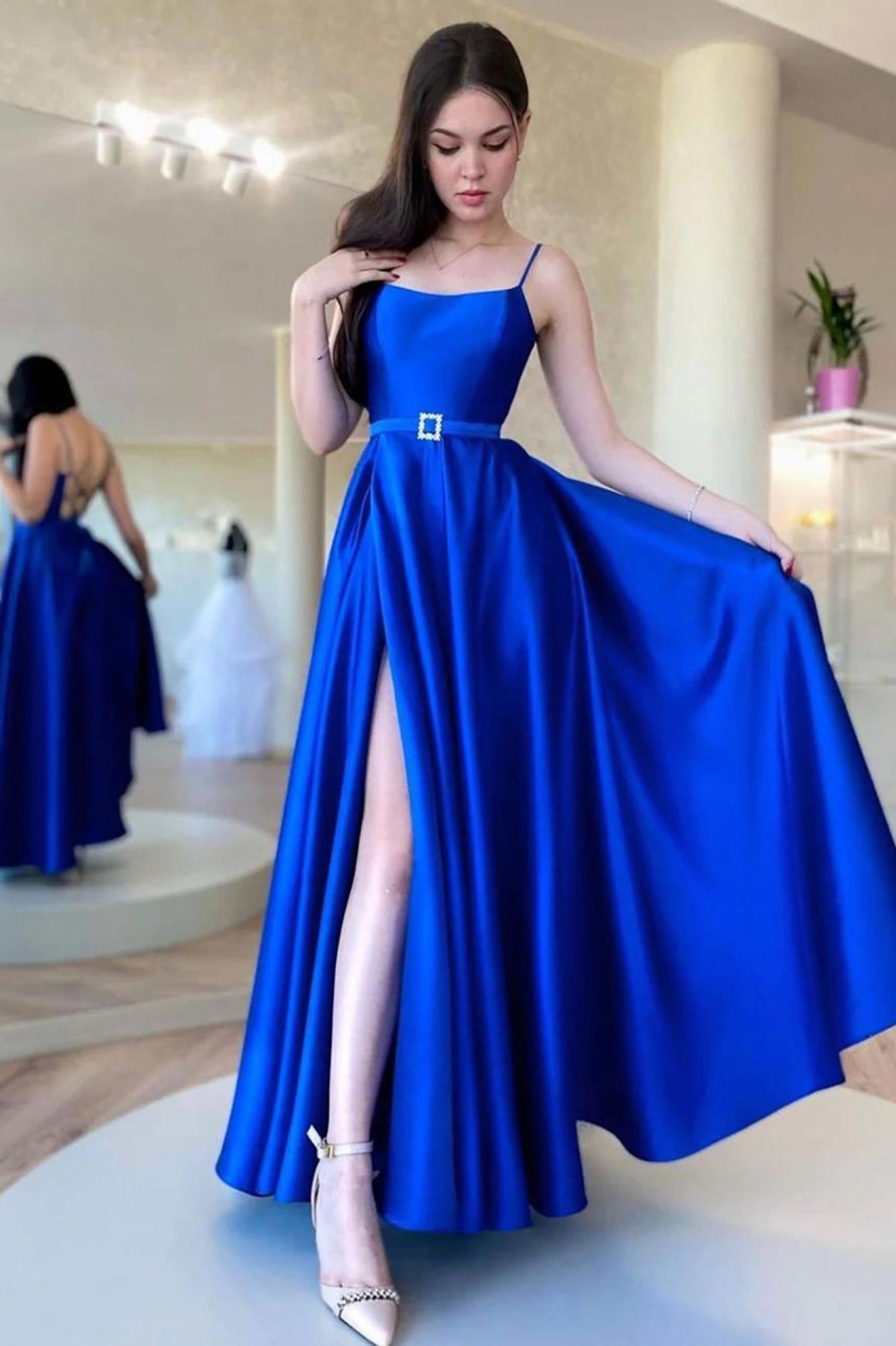 Prom Dresses HELLYMOON | A Line Satin Prom Dress With Slit Royal Blue