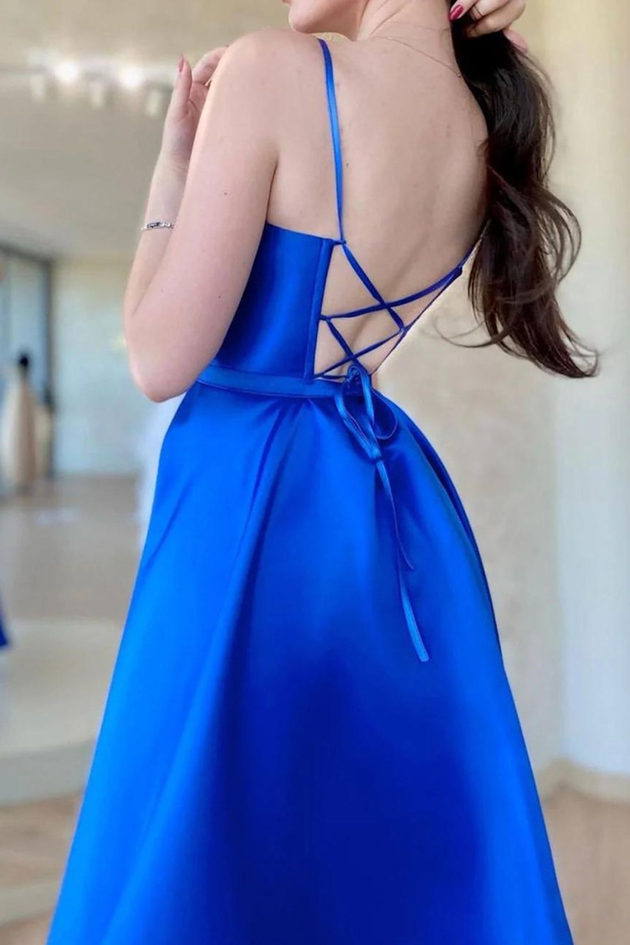 Prom Dresses HELLYMOON | A Line Satin Prom Dress With Slit Royal Blue