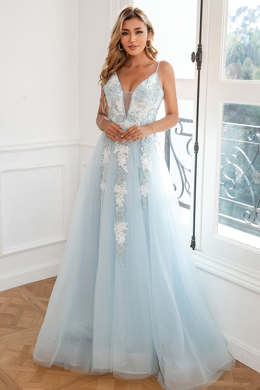 Special Occasion HELLYMOON | Appliques Light Tulle Princess Prom Dress With Slit Blue