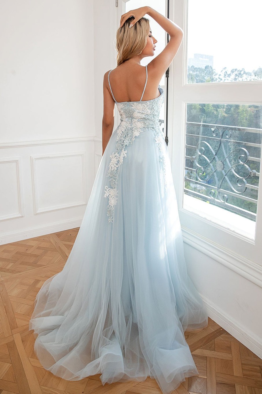 Special Occasion HELLYMOON | Appliques Light Tulle Princess Prom Dress With Slit Blue