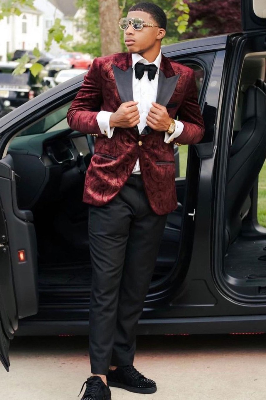 Men HELLYMOON | Peak Lapel One Button Print Men'S Prom Suits Burgundy