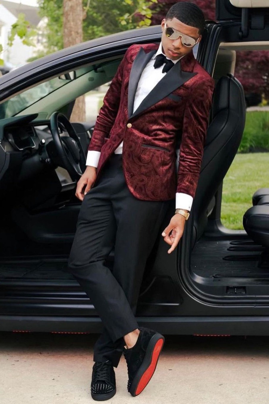 Men HELLYMOON | Peak Lapel One Button Print Men'S Prom Suits Burgundy