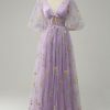 Prom Dresses HELLYMOON | A Line Tulle Corset Prom Dress With Sleeves Lavender