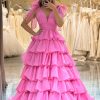 Prom Dresses HELLYMOON | A Line V Neck Hot Long Tiered Prom Dress With Slit Pink