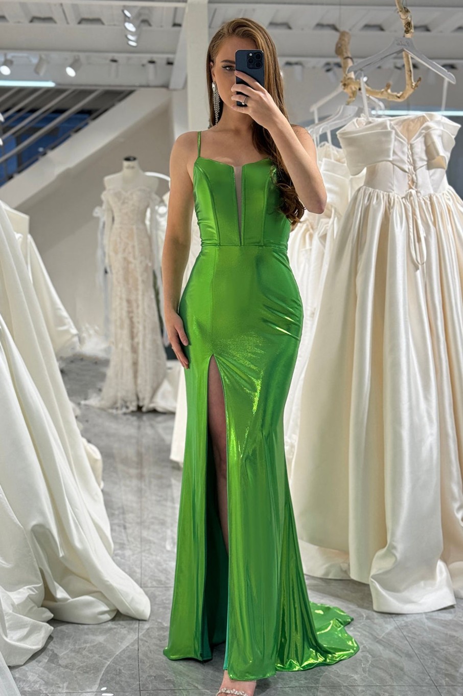 Prom Dresses HELLYMOON | Mermaid Spaghetti Straps Long Prom Dress With Slit Green