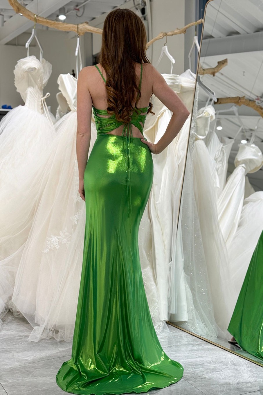 Prom Dresses HELLYMOON | Mermaid Spaghetti Straps Long Prom Dress With Slit Green