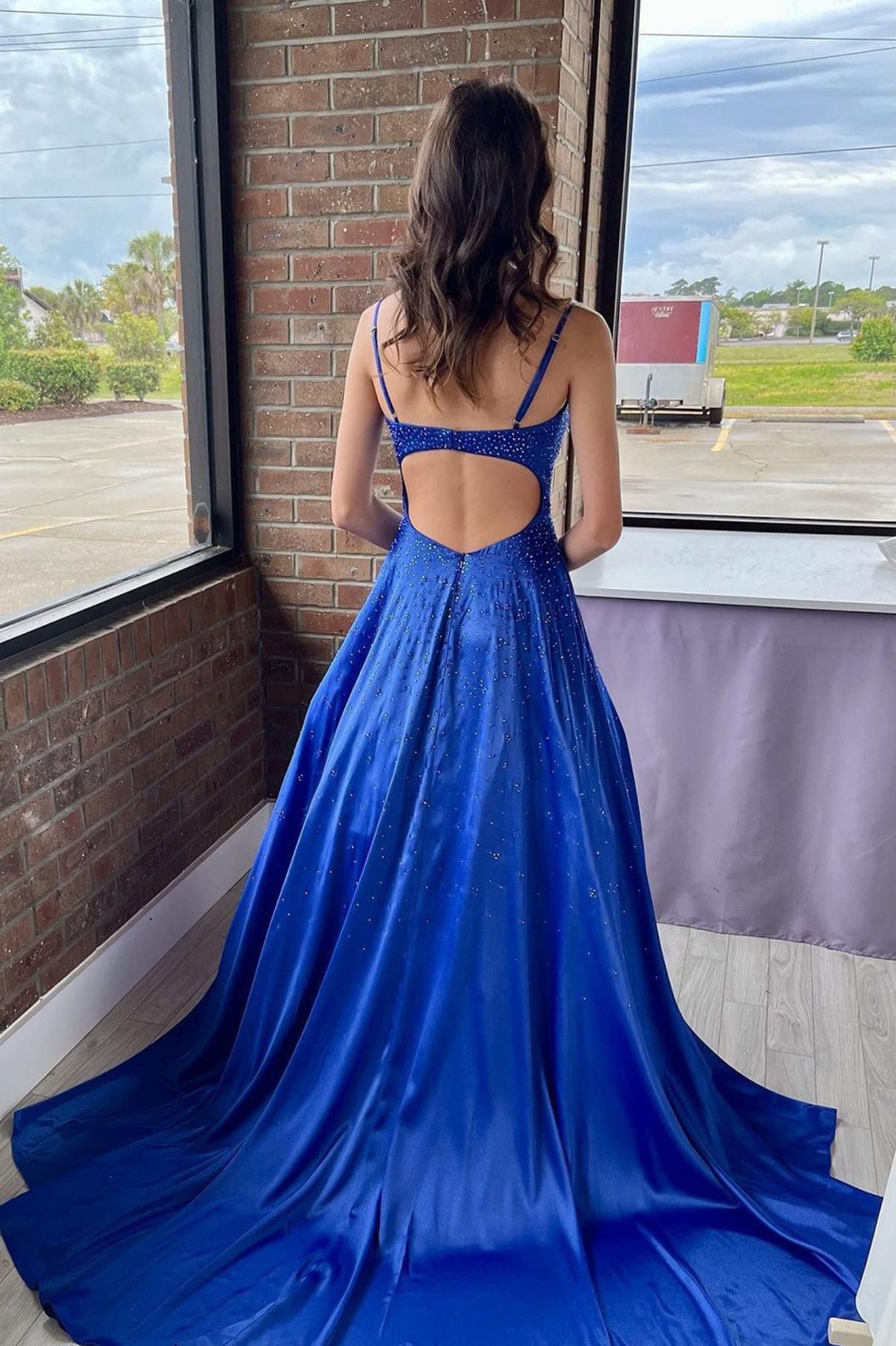 Prom Dresses HELLYMOON | Royal Blue A Line Satin Prom Dress With Beading Purple