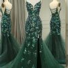 Prom Dresses HELLYMOON | Sparkly Mermaid Spaghetti Straps Beaded Prom Dress With Split Dark Green