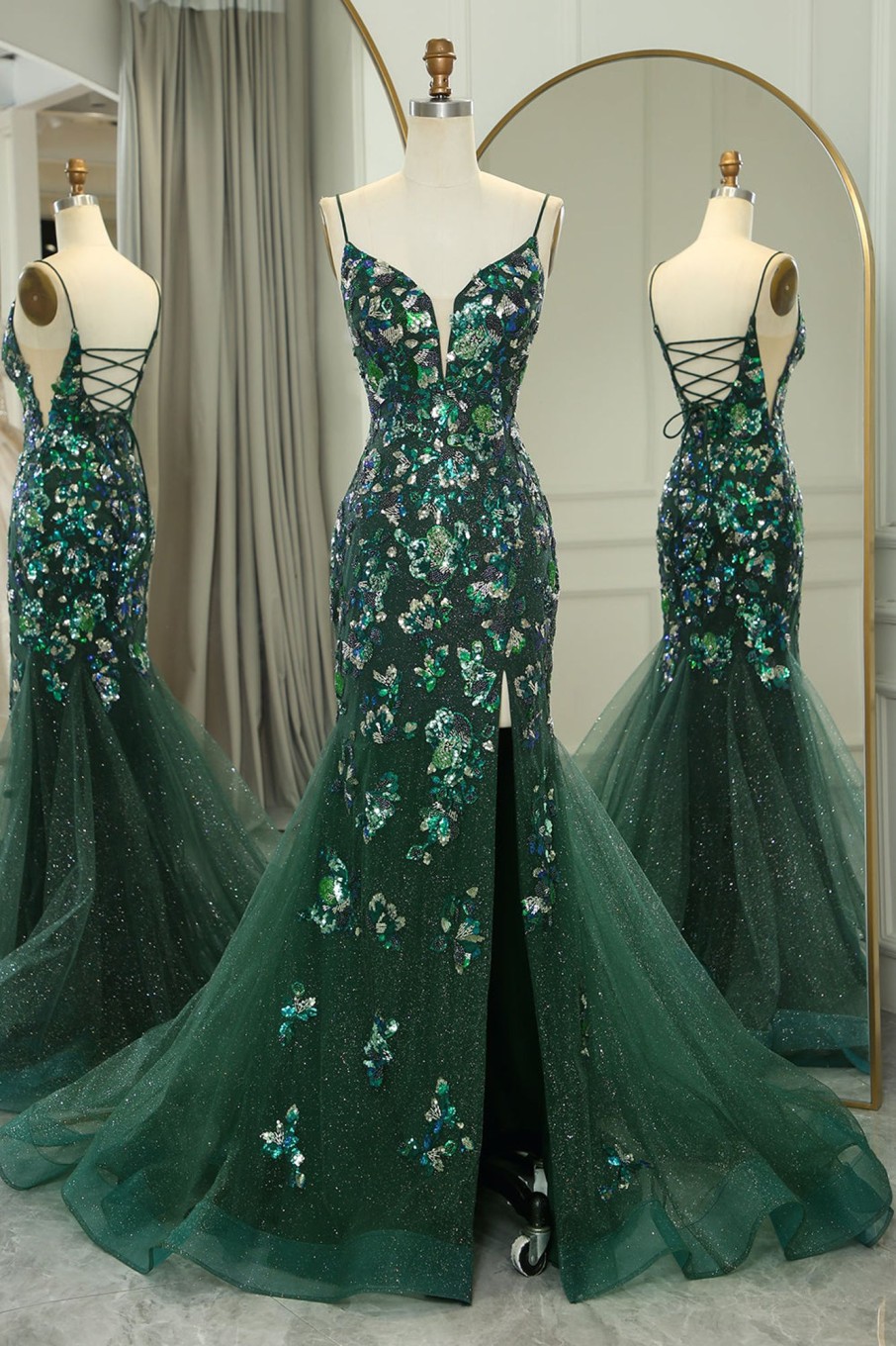 Prom Dresses HELLYMOON | Sparkly Mermaid Spaghetti Straps Beaded Prom Dress With Split Dark Green