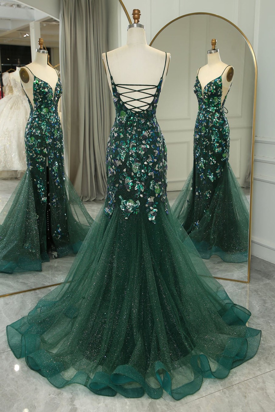 Prom Dresses HELLYMOON | Sparkly Mermaid Spaghetti Straps Beaded Prom Dress With Split Dark Green