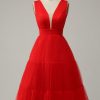 Prom Dresses HELLYMOON | A Line Deep V Neck Midi Prom Dress With Open Back Red