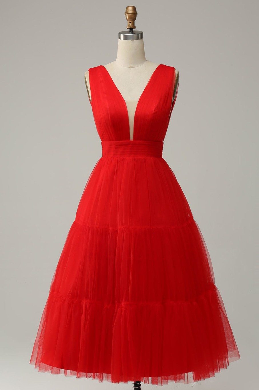 Prom Dresses HELLYMOON | A Line Deep V Neck Midi Prom Dress With Open Back Red