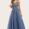 Prom Dresses HELLYMOON | Dusty Long Prom Dress With Lace Blue