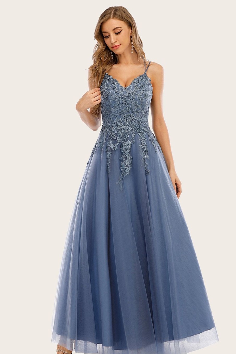 Prom Dresses HELLYMOON | Dusty Long Prom Dress With Lace Blue