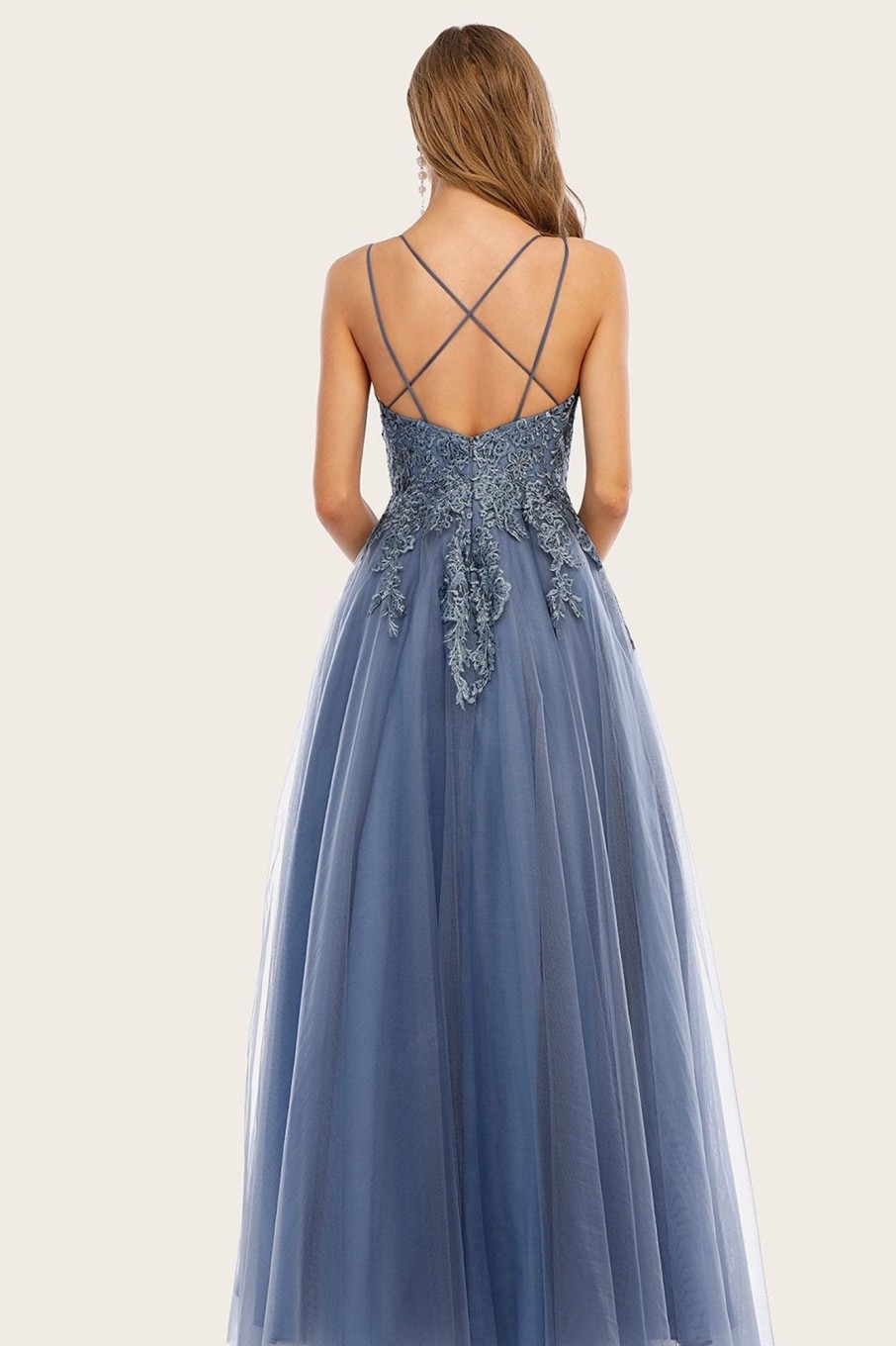 Prom Dresses HELLYMOON | Dusty Long Prom Dress With Lace Blue