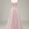 Prom Dresses HELLYMOON | Tulle A Line Strapless Corset Prom Dress Light Pink