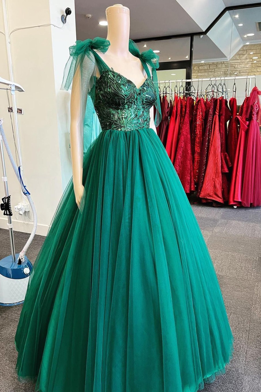 Prom Dresses HELLYMOON | A Line Sequin Princess Prom Dress With Tulle Green