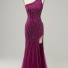 Special Occasion HELLYMOON | One Shoulder Sequin Prom Dress With Slit Dark Purple