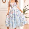 Prom Dresses HELLYMOON | A Line Spaghetti Straps Tea Length Prom Dress With 3D Flowers Blue