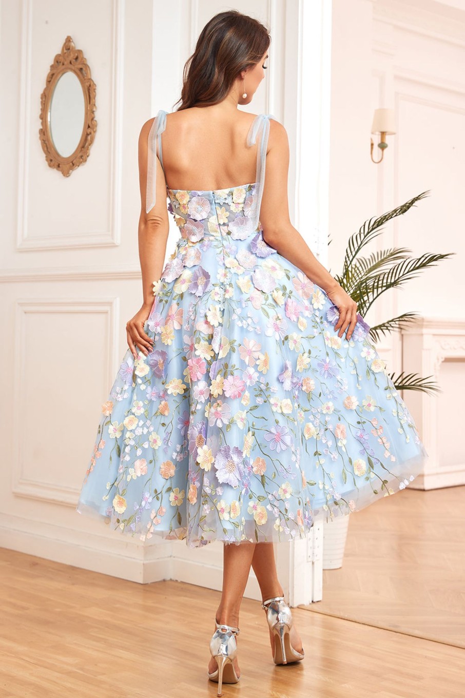 Prom Dresses HELLYMOON | A Line Spaghetti Straps Tea Length Prom Dress With 3D Flowers Blue