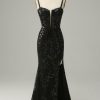 Prom Dresses HELLYMOON | Mermaid Spaghetti Straps Sequins Long Prom Dress With Slit Black