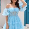 Special Occasion HELLYMOON | Off The Shoulder Tulle A Line Corset Short Prom Dress Blue