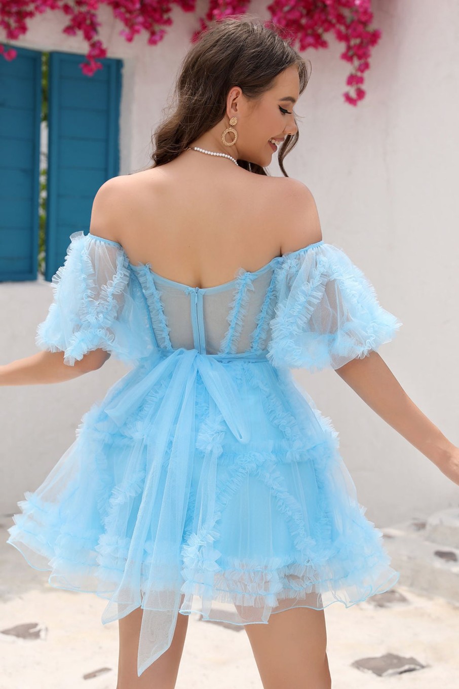 Special Occasion HELLYMOON | Off The Shoulder Tulle A Line Corset Short Prom Dress Blue