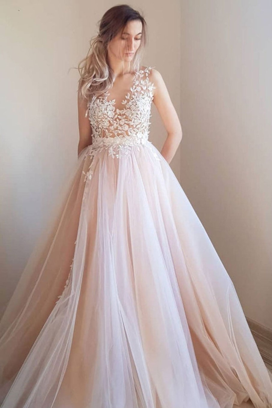 Special Occasion HELLYMOON | Pearl Pink Illusion Neck Long Prom Dress Ivory