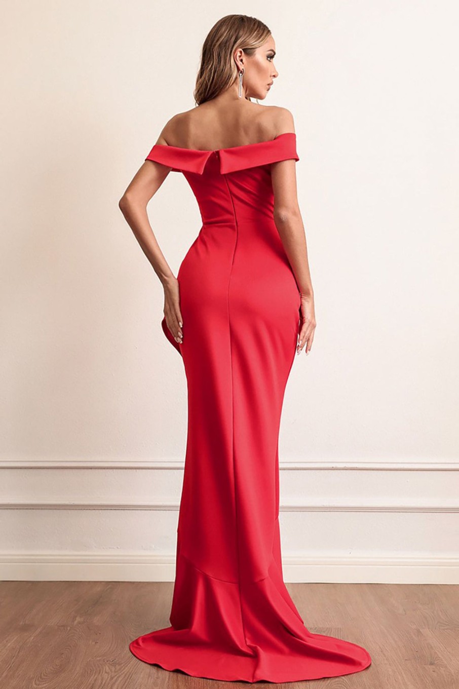 Prom Dresses HELLYMOON | Sheath Off The Shoulder Prom Dress With Ruffles Red