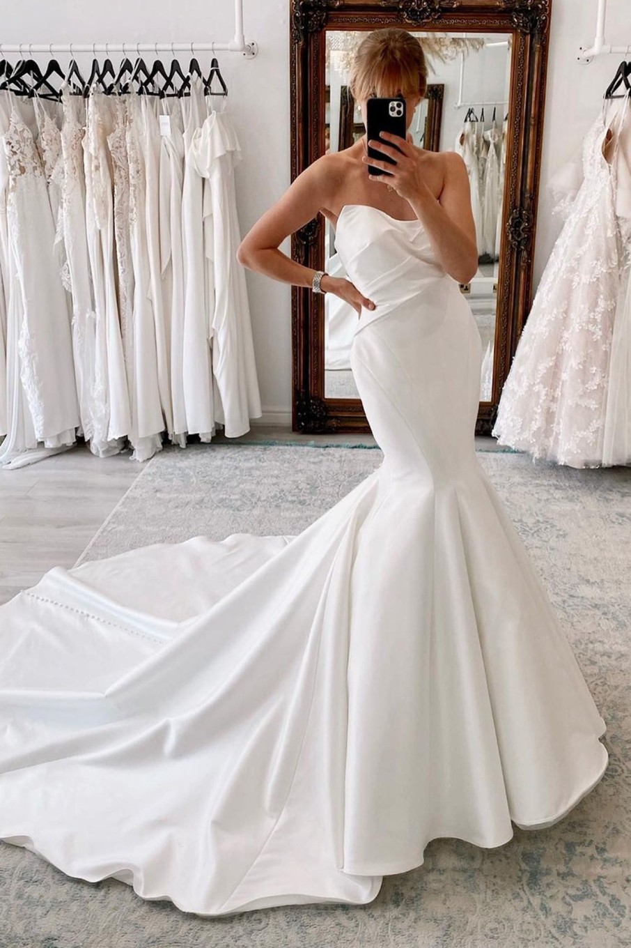 Wedding Dresses HELLYMOON | Strapless Satin Long Mermaid Wedding Dress White