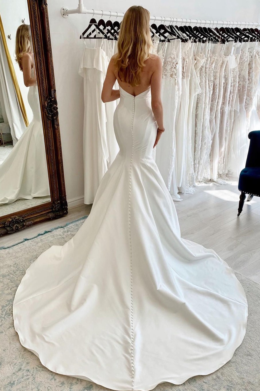 Wedding Dresses HELLYMOON | Strapless Satin Long Mermaid Wedding Dress White