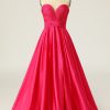 Prom Dresses HELLYMOON | A Line Sweetheart Hot Pink Long Prom Dress With Ruched Fuchsia