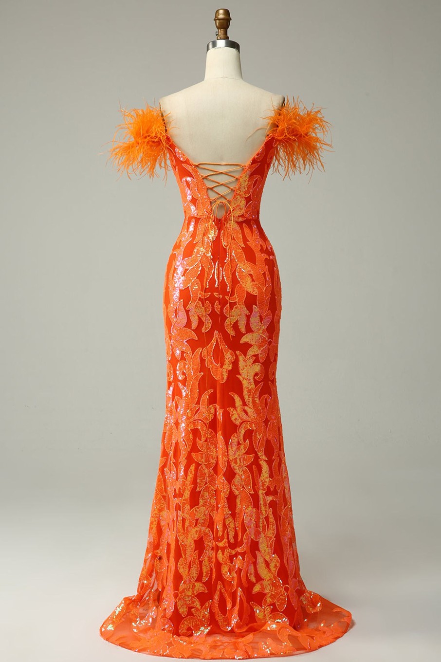 Prom Dresses HELLYMOON | Off The Shoulder Sequins Mermaid Prom Dress With Feathers Orange