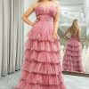 Prom Dresses HELLYMOON | A-Line Spaghetti Straps Print Tiered Long Prom Dress Pink