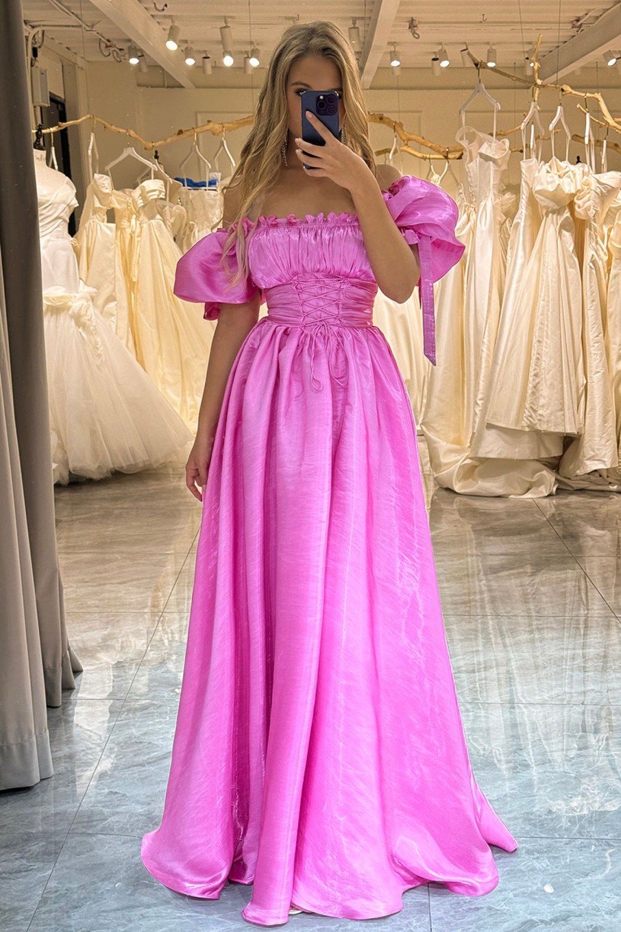 Prom Dresses HELLYMOON | A Line Off The Shoulder Long Prom Dress Fuchsia