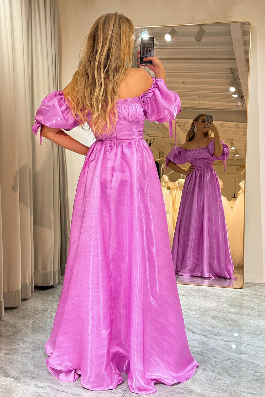 Prom Dresses HELLYMOON | A Line Off The Shoulder Long Prom Dress Fuchsia